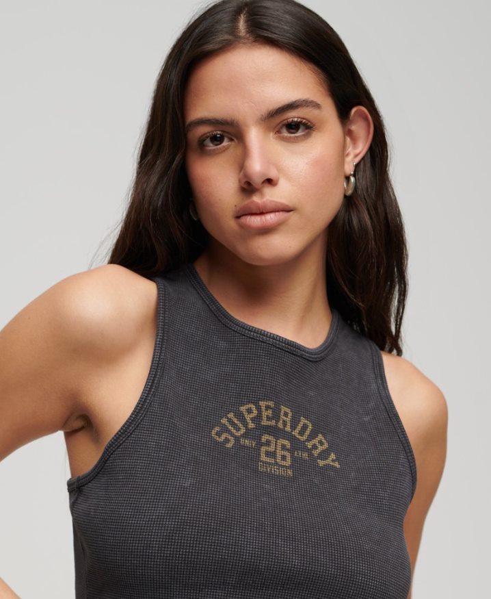 Superdry Athletic Essentials Waffle Cropped Tank Top Dark Grey Women