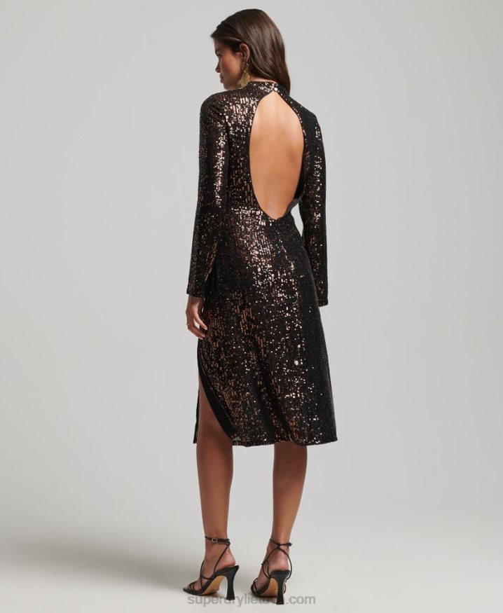 Superdry Backless Sequin Midi Dress Black Women