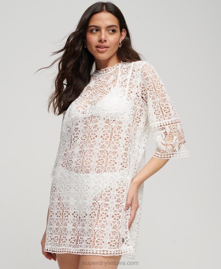 Superdry Beach Cover Up Lace Mini Dress Cream Women