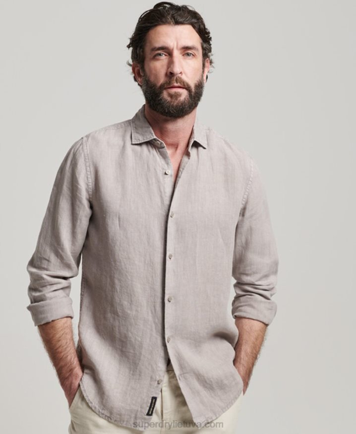 Superdry Casual Linen Long Sleeve Shirt Dark Grey Men