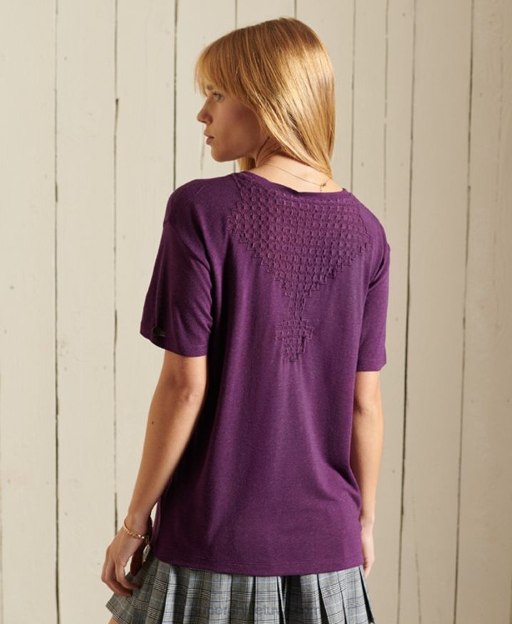 Superdry Chevron Short Sleeved Lace Jersey Top Purple Women