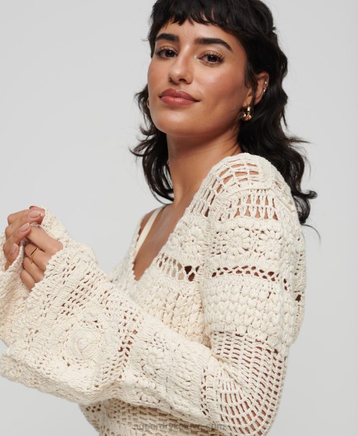 Superdry Crochet Flared Sleeve Mini Dress Cream Women