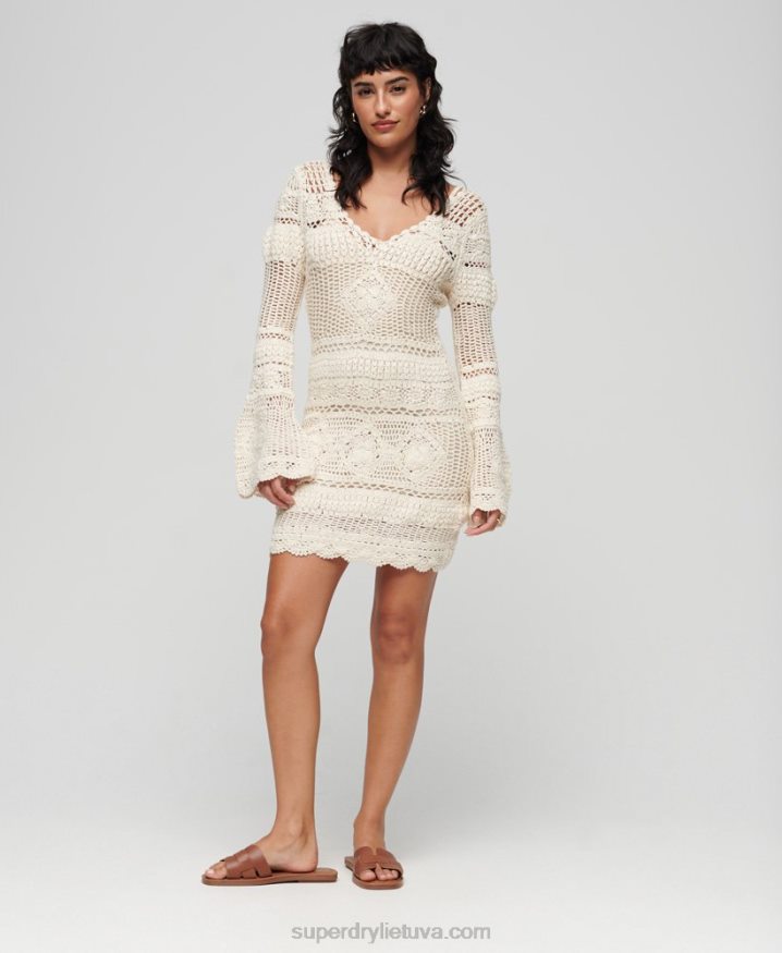 Superdry Crochet Flared Sleeve Mini Dress Cream Women