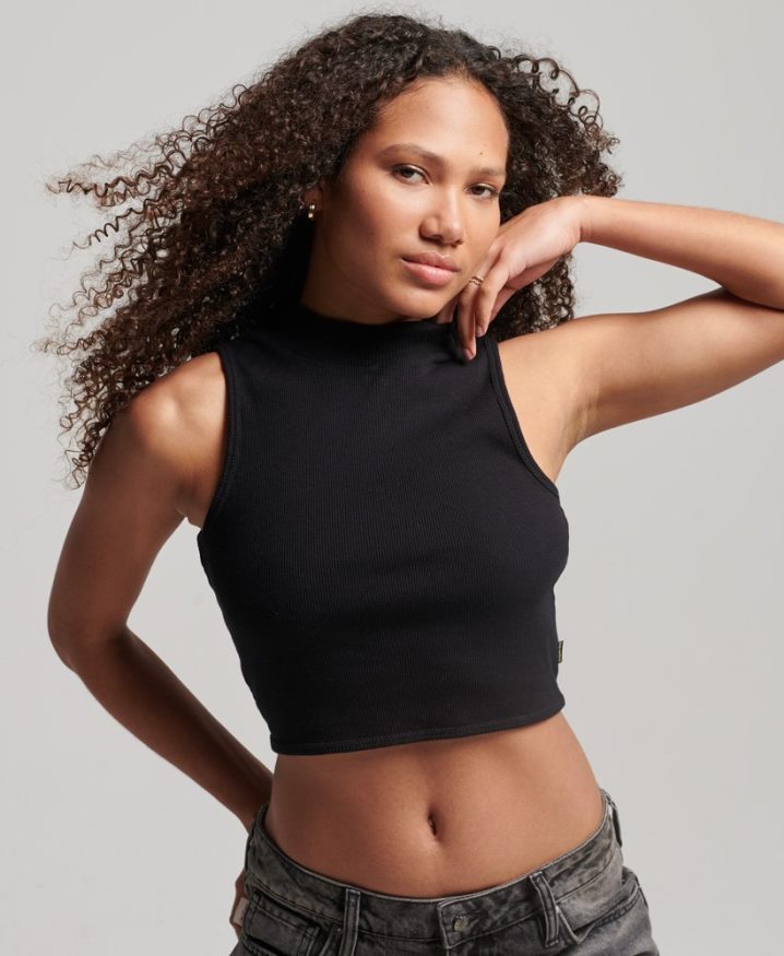 Superdry Cropped Mock Neck Tank Top Black Women