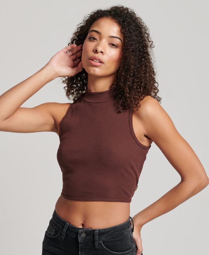 Superdry Cropped Mock Neck Tank Top Brown Women