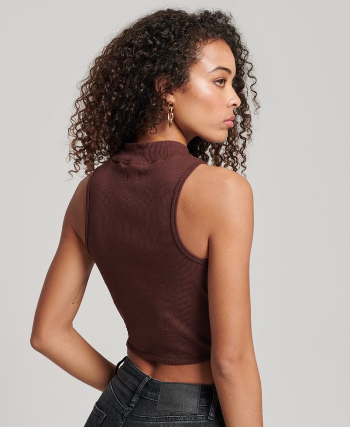 Superdry Cropped Mock Neck Tank Top Brown Women