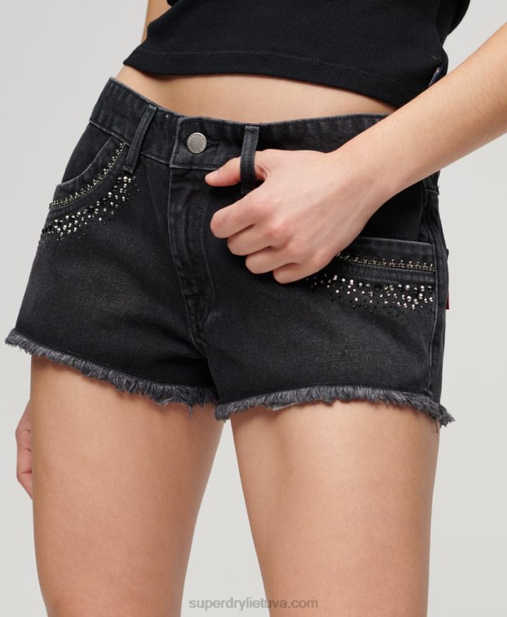 Superdry Diamante Embellished Denim Shorts Black Women