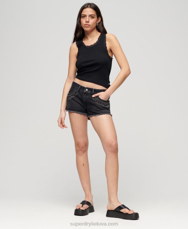 Superdry Diamante Embellished Denim Shorts Black Women