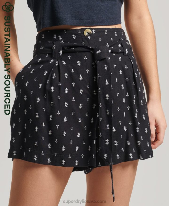 Superdry Ecovero Vintage Paperbag Printed Shorts Black Women