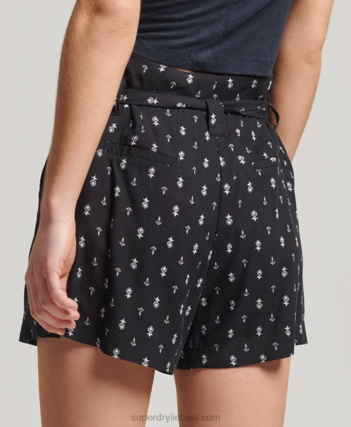 Superdry Ecovero Vintage Paperbag Printed Shorts Black Women