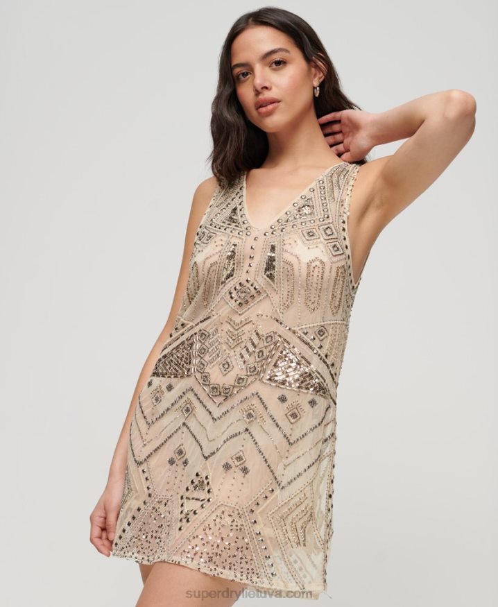 Superdry Embellished V Neck Mini Dress Cream Women