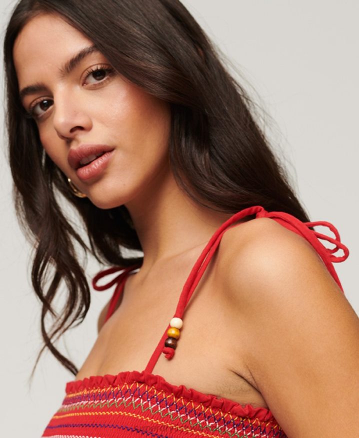 Superdry Embroidered Smocked Cami Top Red Women