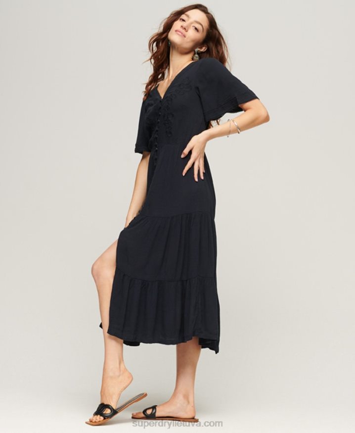 Superdry Embroidered Tiered Midi Dress Navy Women