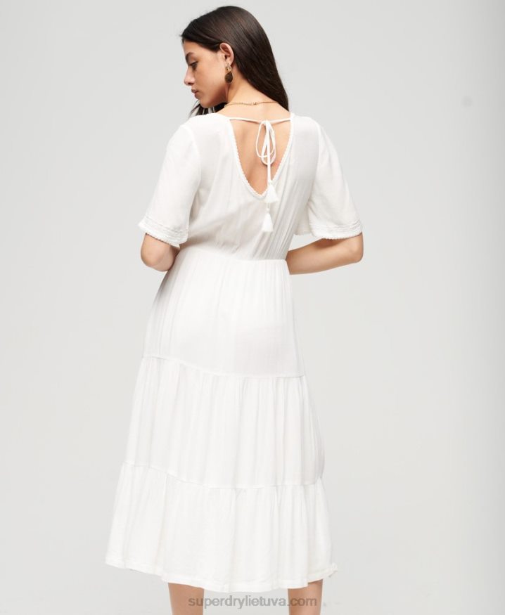 Superdry Embroidered Tiered Midi Dress White Women