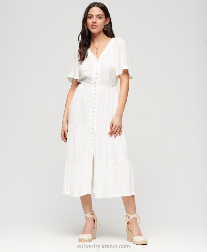 Superdry Embroidered Tiered Midi Dress White Women