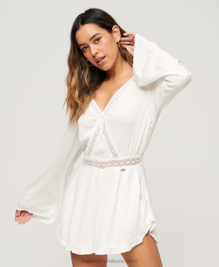 Superdry Flare Sleeve Cut Out Playsuit Cream Women