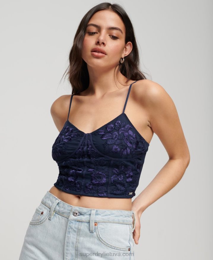 Superdry Floral Embroidered Corset Top Navy Women