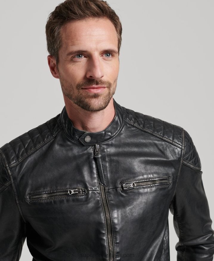 Superdry Heritage Leather Moto Racer Jacket Black Men