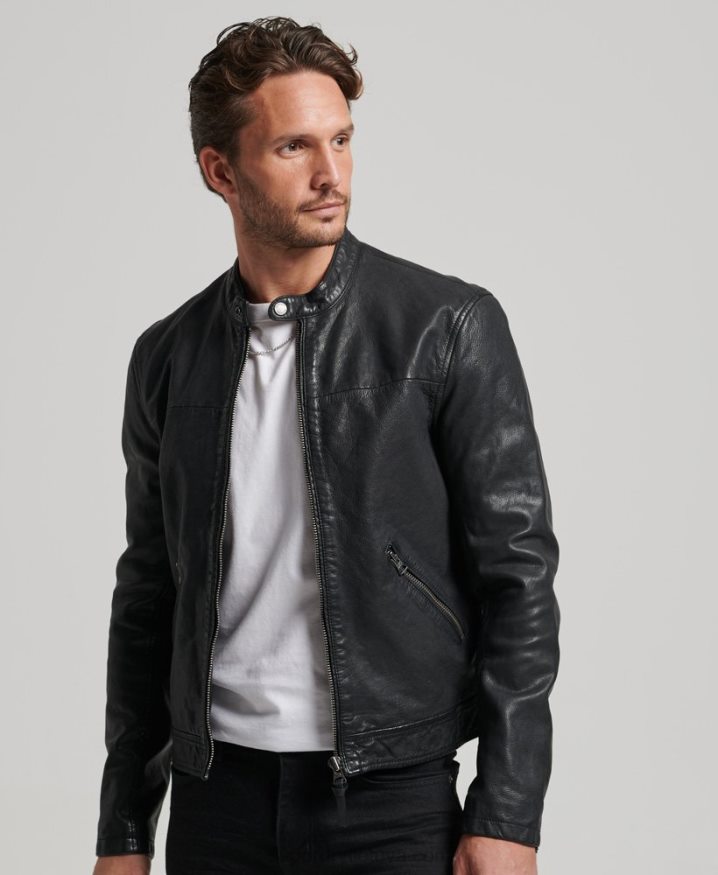 Superdry Heritage Leather Sports Racer Jacket Black Men