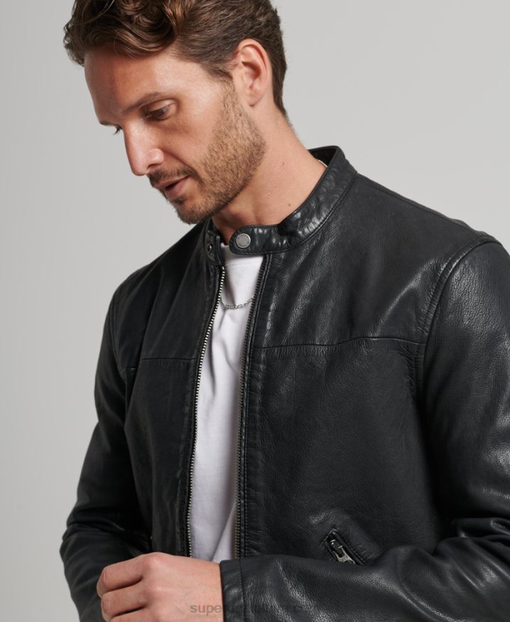 Superdry Heritage Leather Sports Racer Jacket Black Men