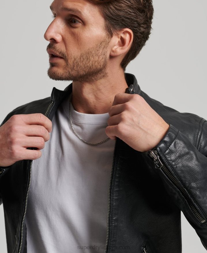 Superdry Heritage Leather Sports Racer Jacket Black Men