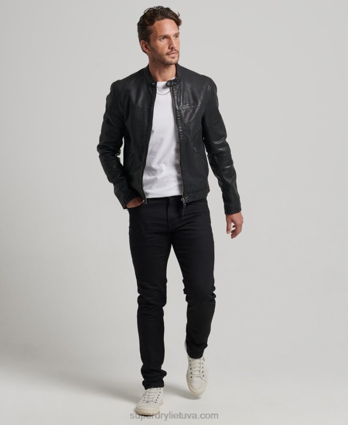 Superdry Heritage Leather Sports Racer Jacket Black Men