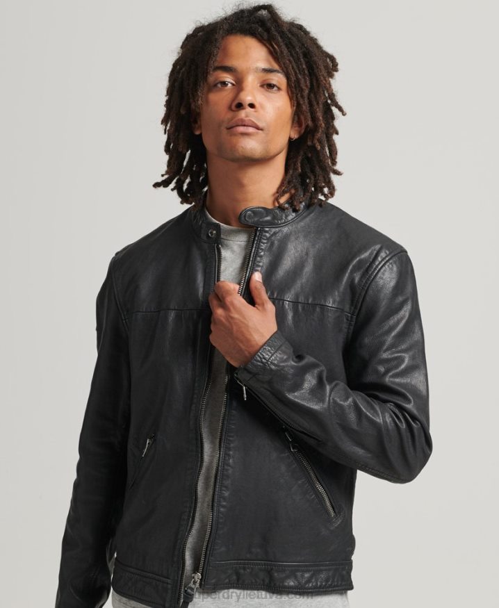 Superdry Heritage Sports Racer Leather Jacket Black Men