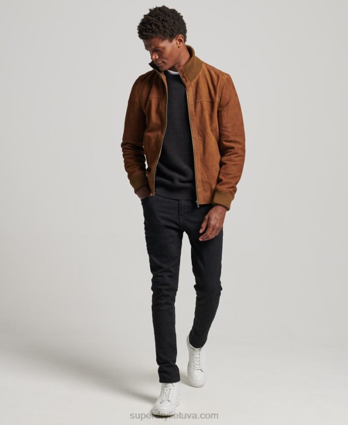 Superdry Knit Collar Suede Bomber Jacket Tan Men