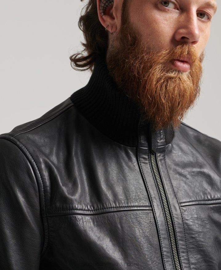 Superdry Knitted Collar Leather Bomber Jacket Black Men