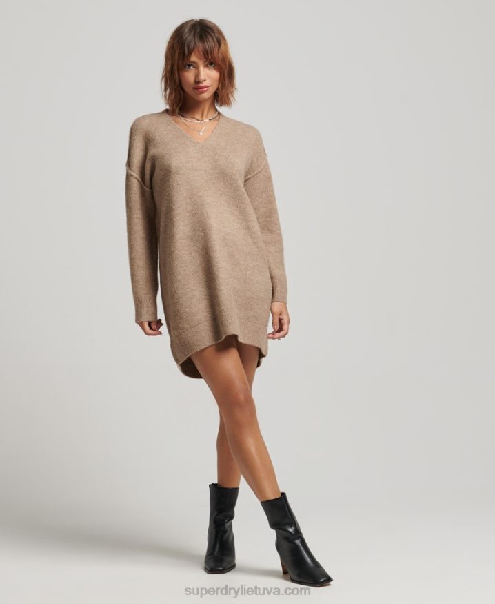 Superdry Knitted V Neck Jumper Dress Beige Women