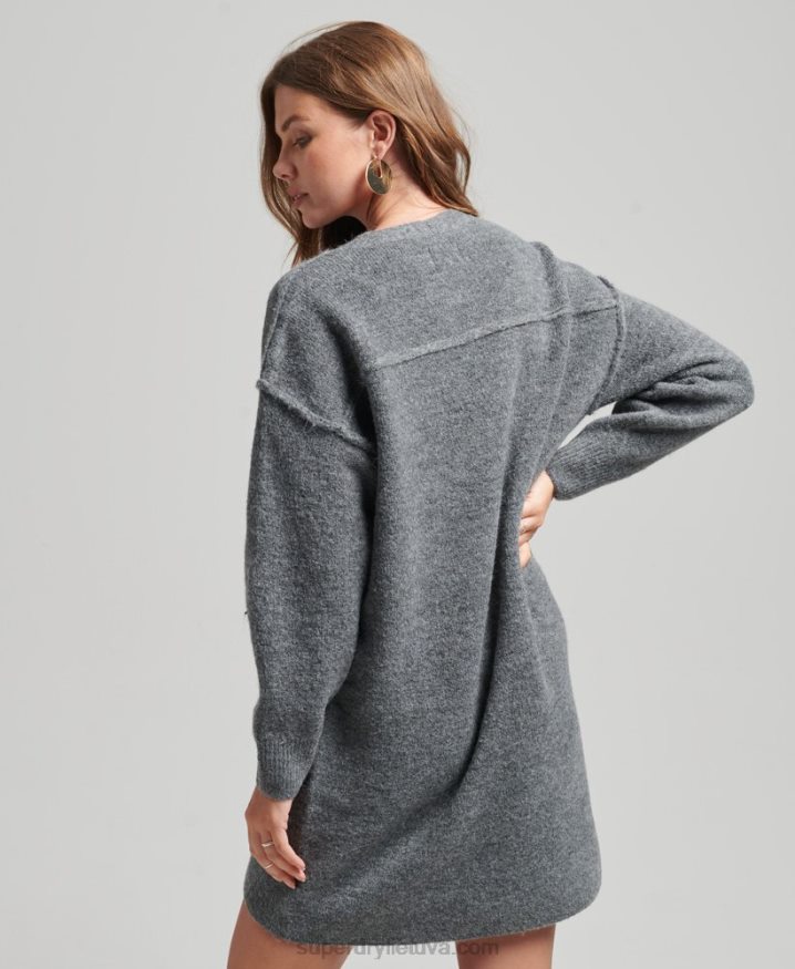 Superdry Knitted V Neck Jumper Dress Dark Grey Women