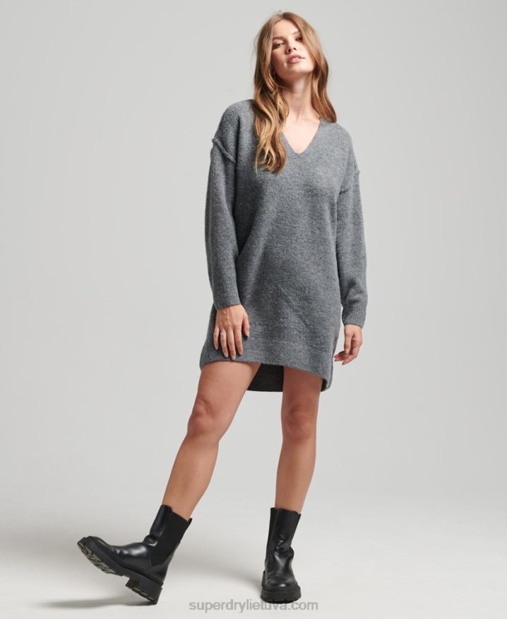 Superdry Knitted V Neck Jumper Dress Dark Grey Women