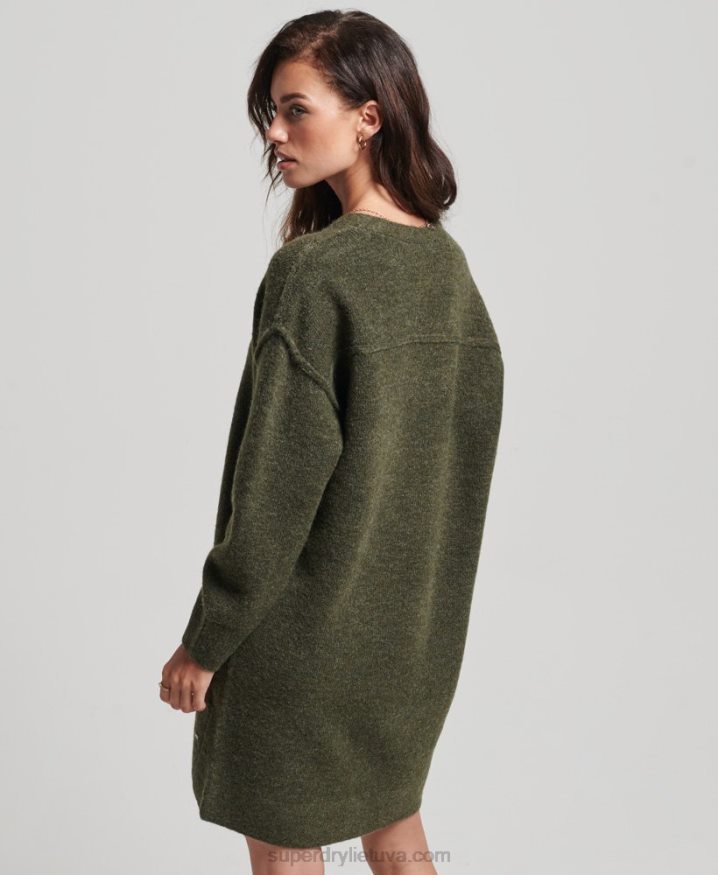 Superdry Knitted V Neck Jumper Dress Khaki Women