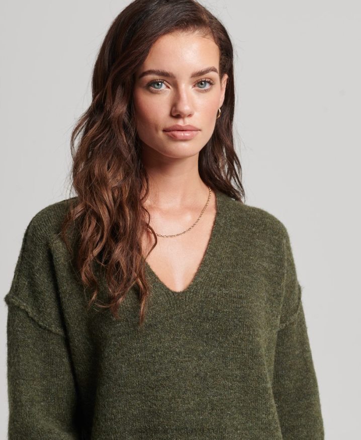 Superdry Knitted V Neck Jumper Dress Khaki Women