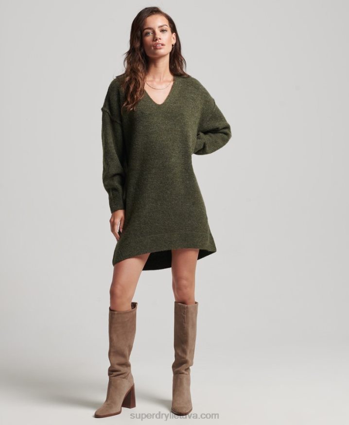 Superdry Knitted V Neck Jumper Dress Khaki Women