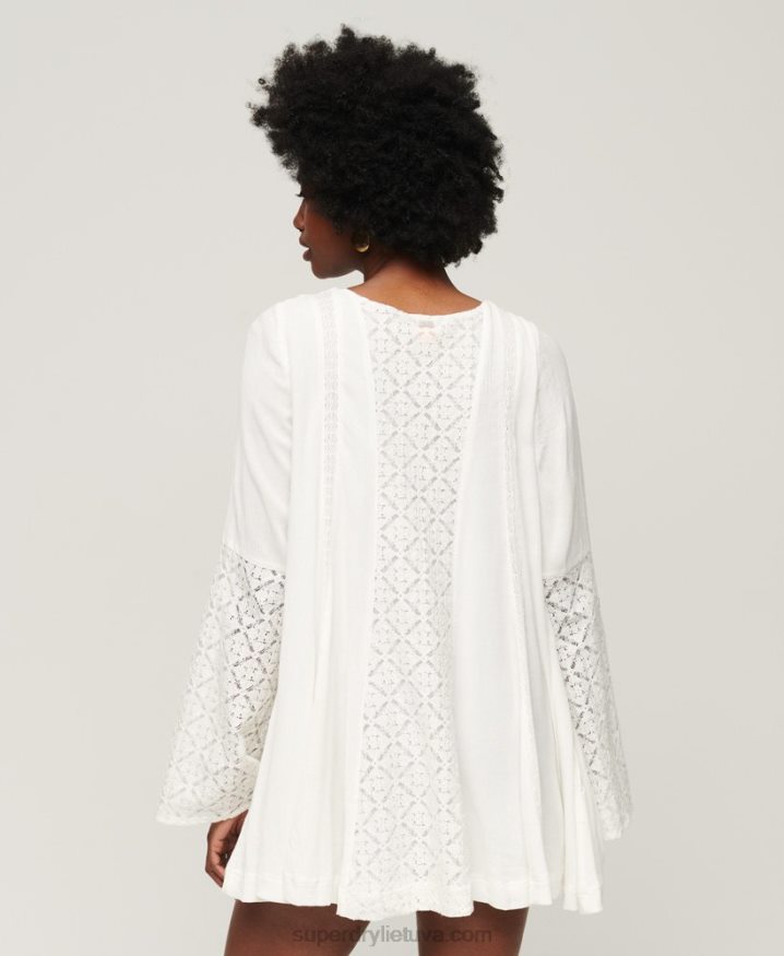 Superdry Lace Flare Sleeve Mini Dress Cream Women