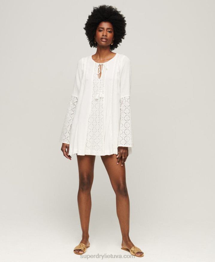 Superdry Lace Flare Sleeve Mini Dress Cream Women