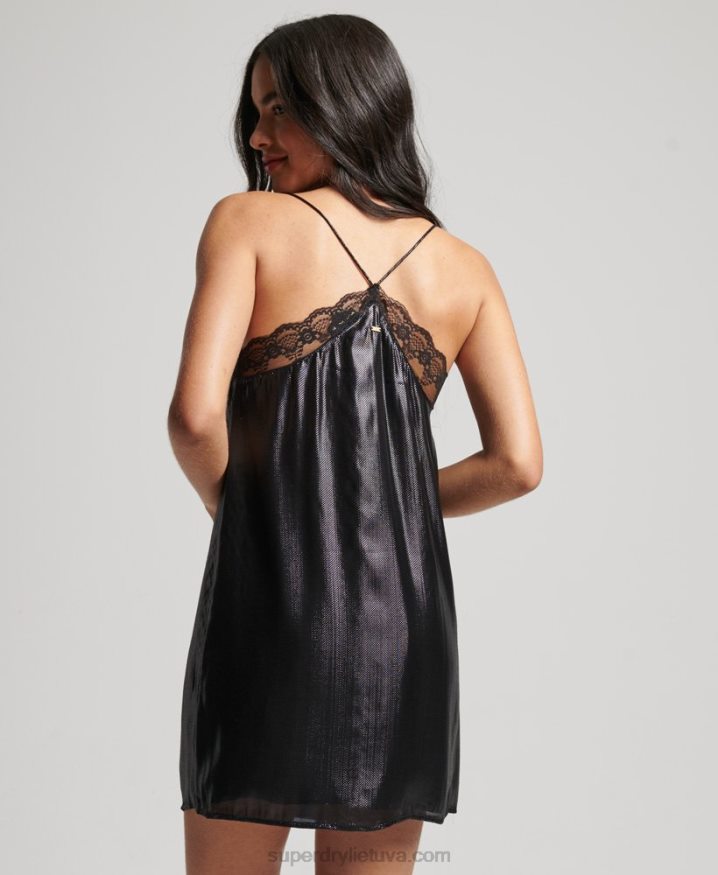 Superdry Lace Trim Satin Slip Mini Dress Black Women