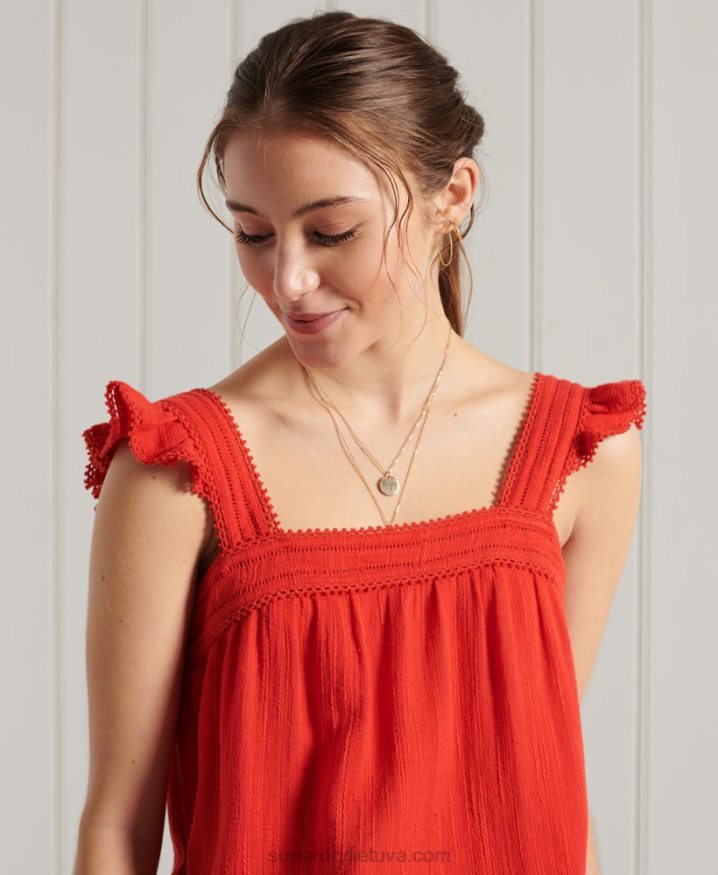 Superdry Layne Textured Lace Top Red Women