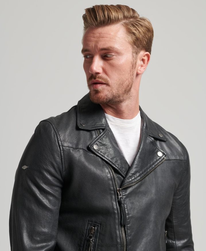 Superdry Leather Biker Jacket Black Men