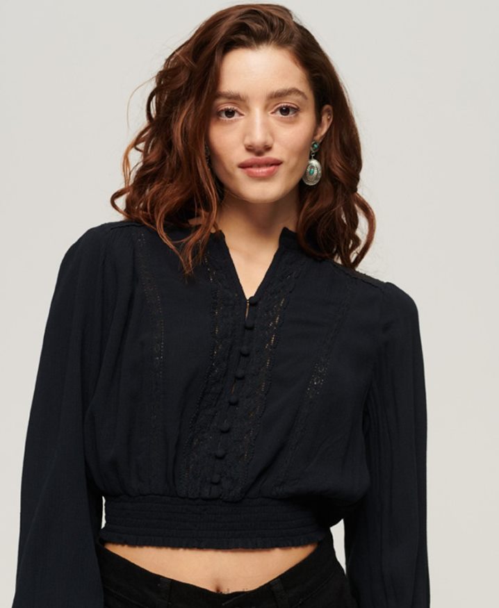 Superdry Long Sleeve Lace Trim Smocked Blouse Navy Women