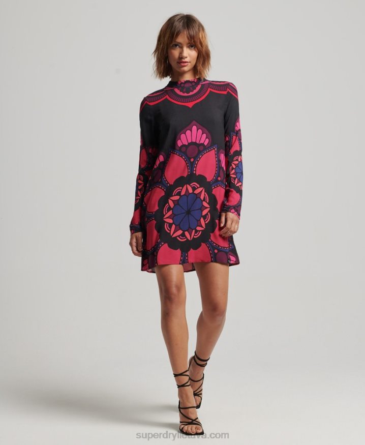 Superdry Long Sleeve Printed Mini Dress Black Women