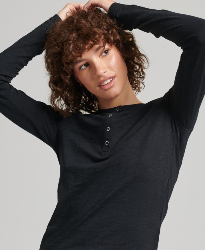 Superdry Long Sleeve Slub Jersey Henley Top Black Women