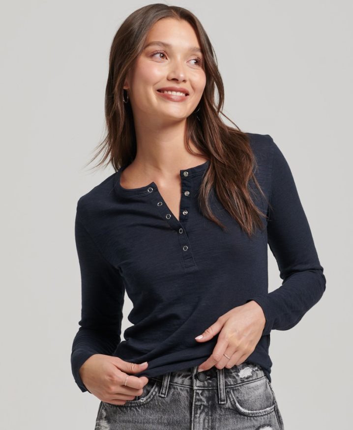 Superdry Long Sleeve Slub Jersey Henley Top Navy Women