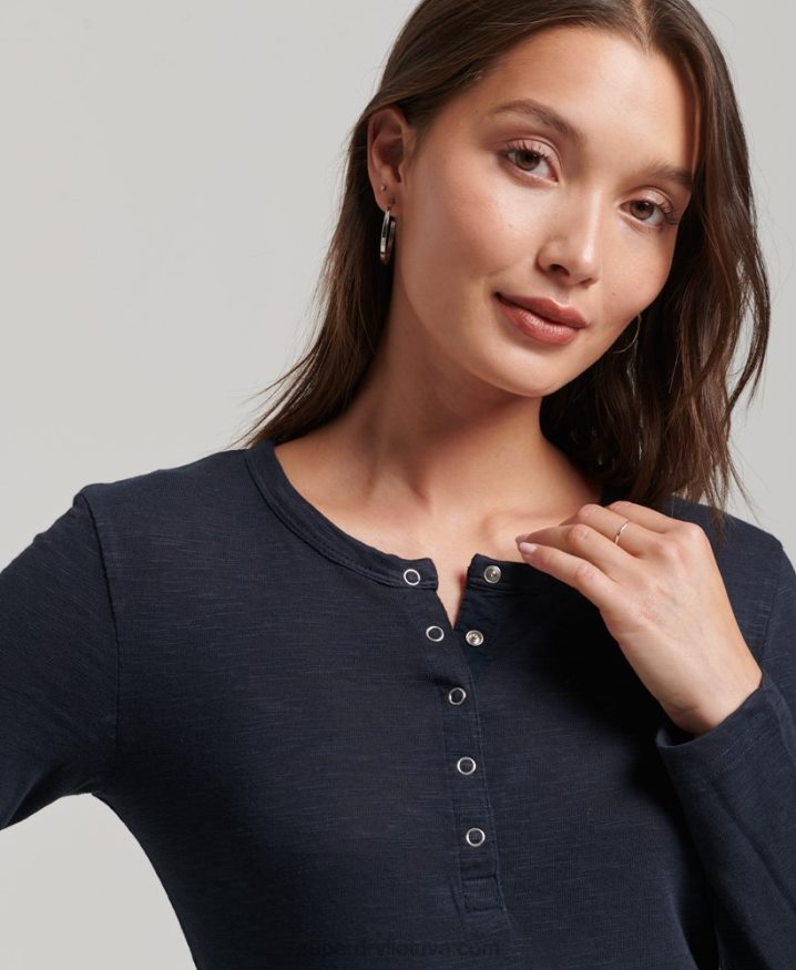 Superdry Long Sleeve Slub Jersey Henley Top Navy Women