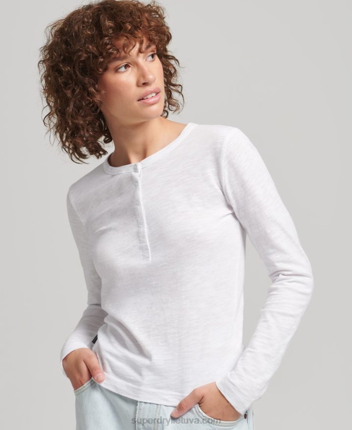 Superdry Long Sleeve Slub Jersey Henley Top White Women