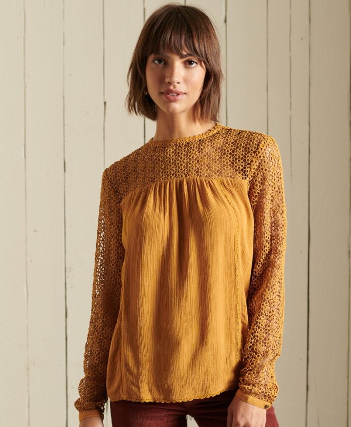 Superdry Long Sleeve Woven Lace Top Yellow Women