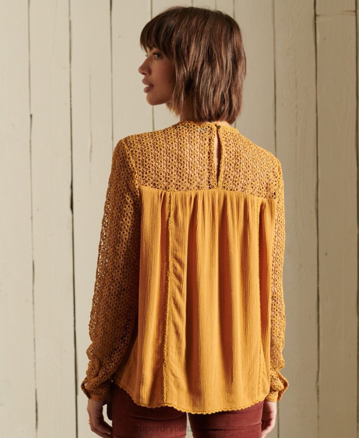 Superdry Long Sleeve Woven Lace Top Yellow Women