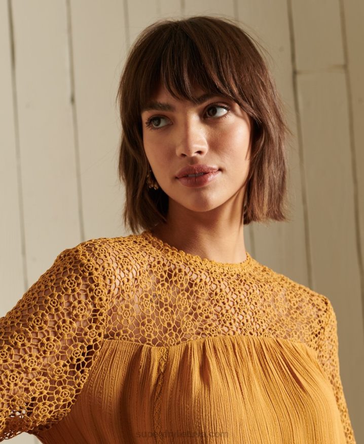 Superdry Long Sleeve Woven Lace Top Yellow Women