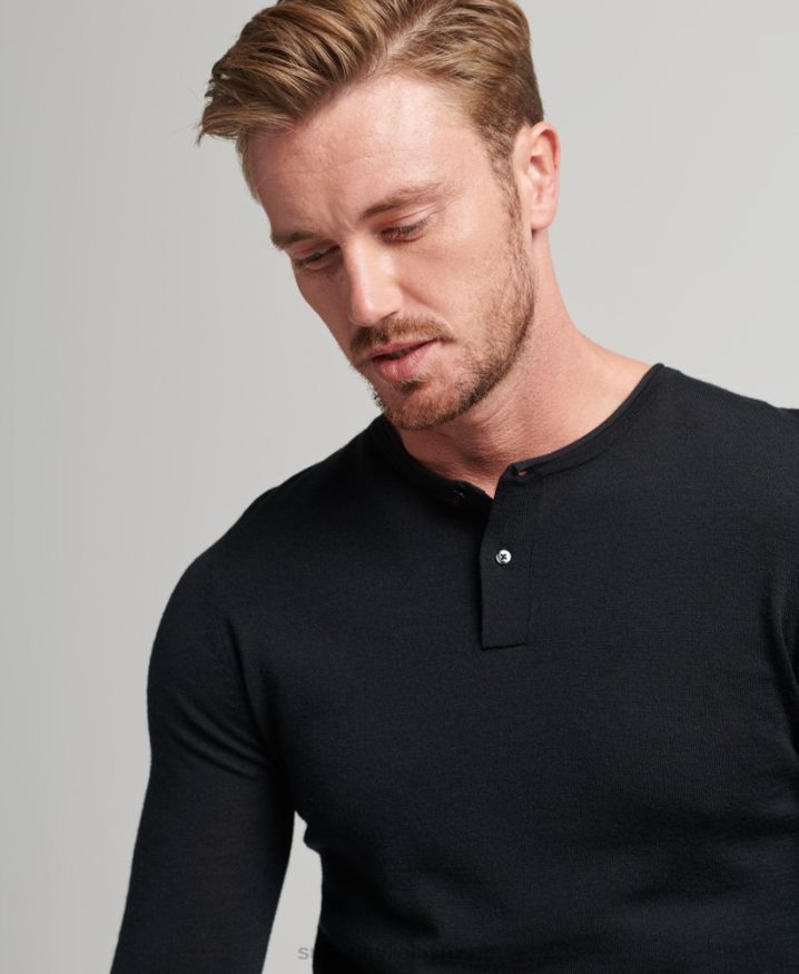 Superdry Merino Crew Neck Henley Knitted Top Black Men